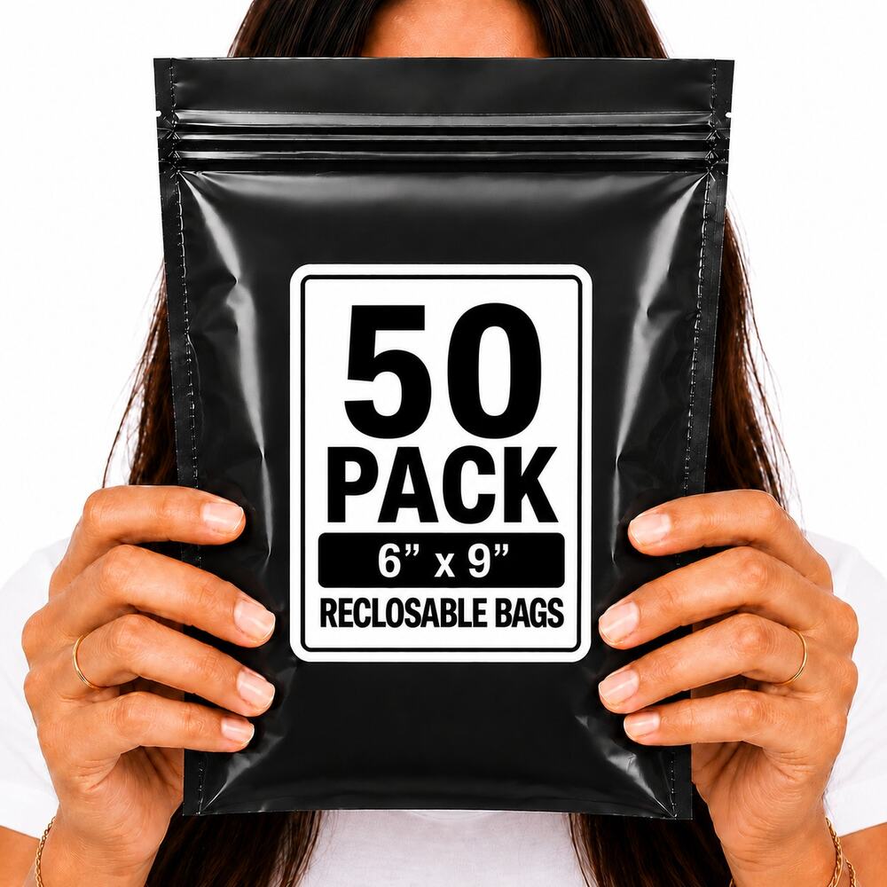 RECLOSABLE BLACK BAGS (50 PACK) 6" X 9" 2 MIL ZIPPER STORAGE BAGS NEW